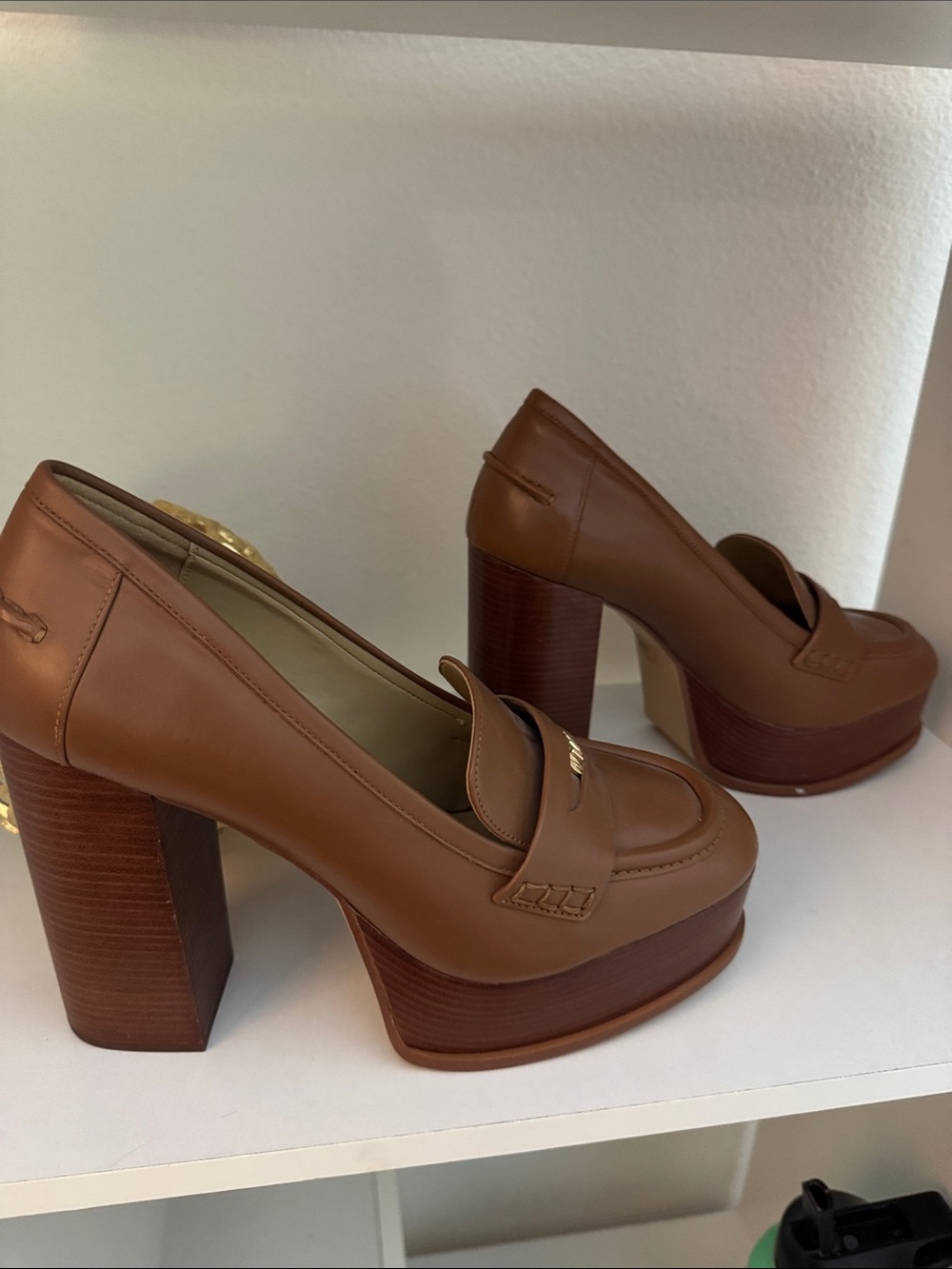 Michael Kors Brown Leather Platform Penny Loafers with Gold MK Accent - Picture 3 of 7